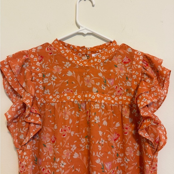 2/$30 DR2 - Peach Floral Ruffle Short Sleeve Blouse - Small - Picture 3 of 8